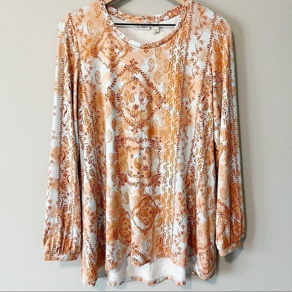 LOGO by Lori Goldstein Paisley Print 230 Rayon Top w/ Sleeve Detail Orange Med - Picture 1 of 12